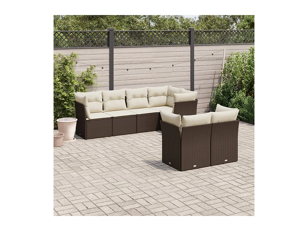 Set Divani da Giardino 7 pz con Cuscini Marrone in Polyrattan