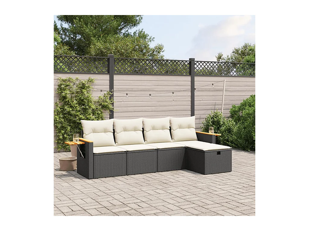 Salon de jardin 5 pcs avec coussins noir résine tressée