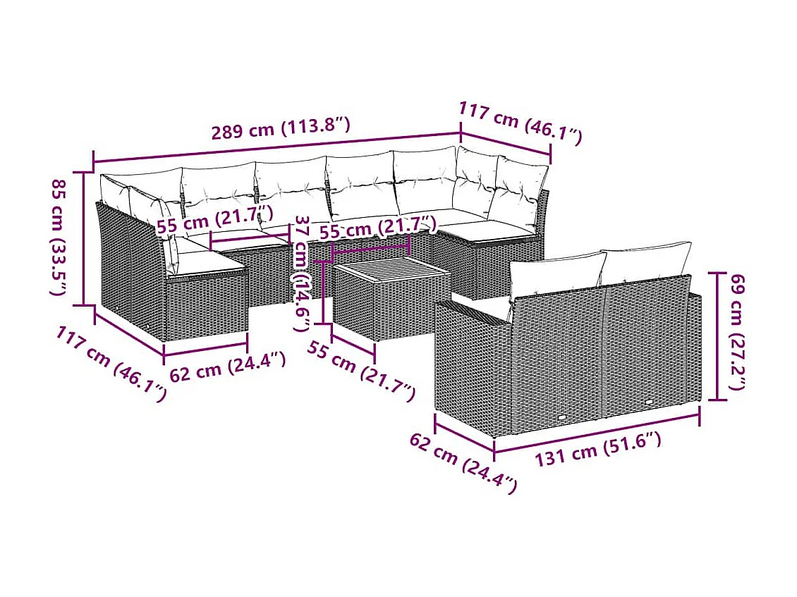 10-tlg. Garten-Sofagarnitur mit Kissen Schwarz Poly Rattan
