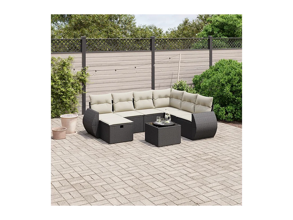 8-delige Loungeset met kussens poly rattan zwart