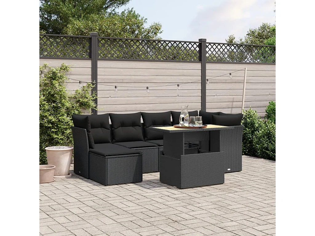 7-tlg. Garten-Sofagarnitur mit Kissen Schwarz Poly Rattan