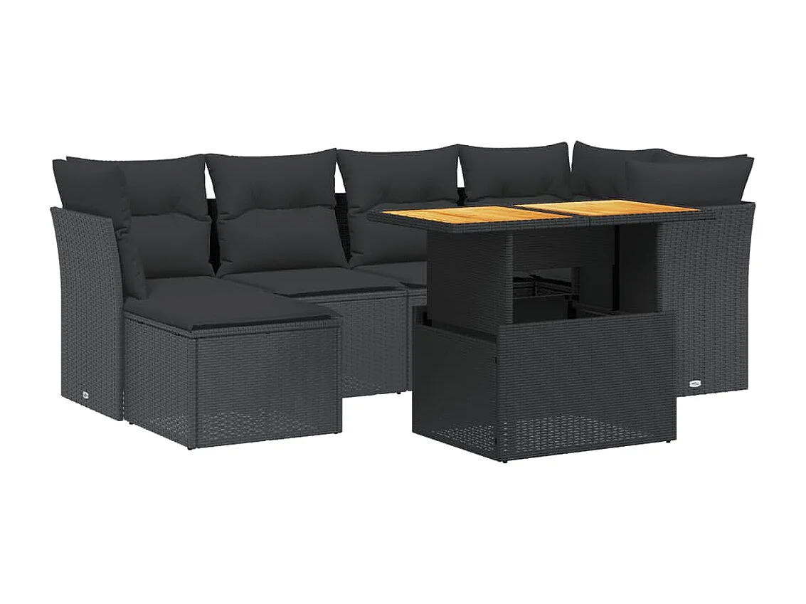 7-tlg. Garten-Sofagarnitur mit Kissen Schwarz Poly Rattan