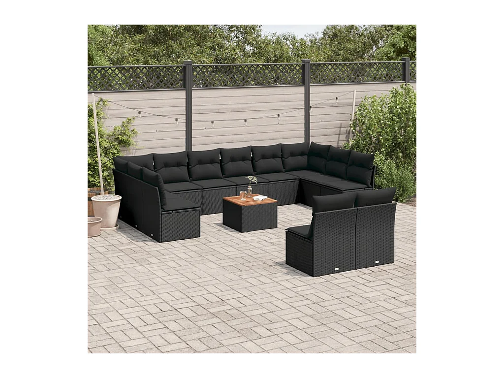 Salon de jardin avec coussins 13 pcs noir résine tressée