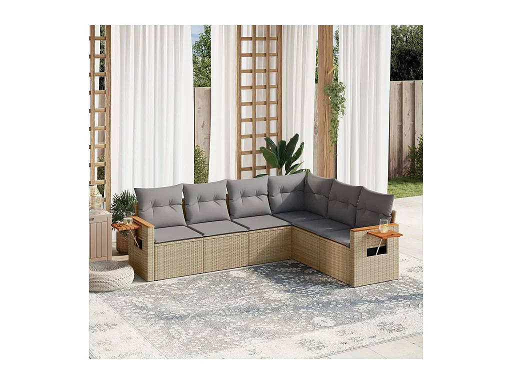 6-delige Loungeset met kussens poly rattan beige