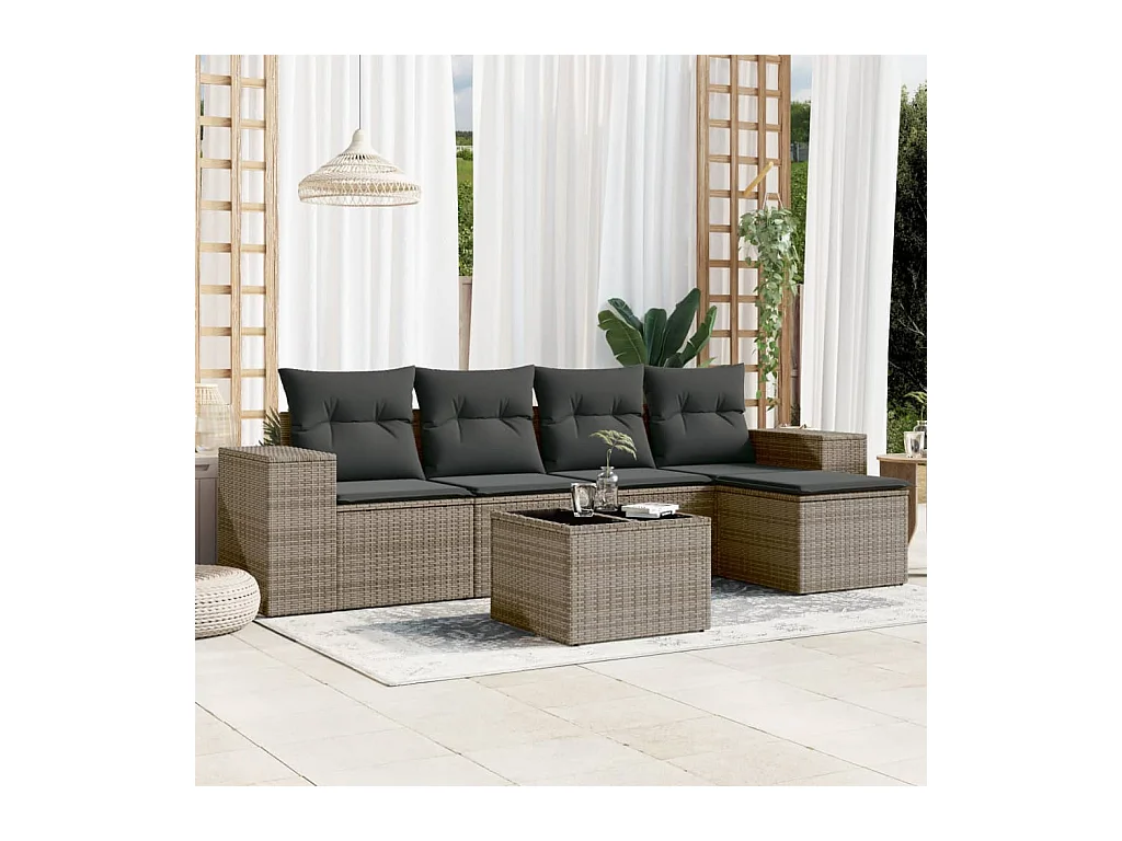 6-delige Loungeset met kussens poly rattan grijs