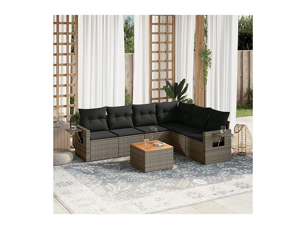 7-tlg. Garten-Sofagarnitur mit Kissen Grau Poly Rattan