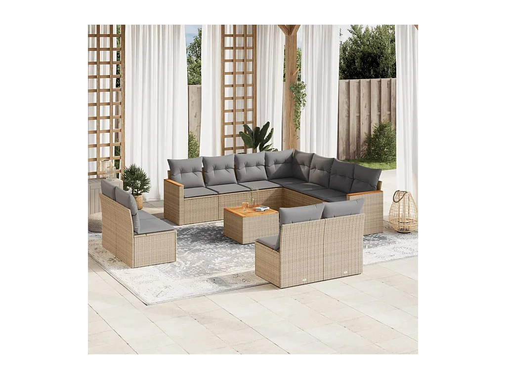 Salon de jardin et coussins 12 pcs mélange beige résine tressée