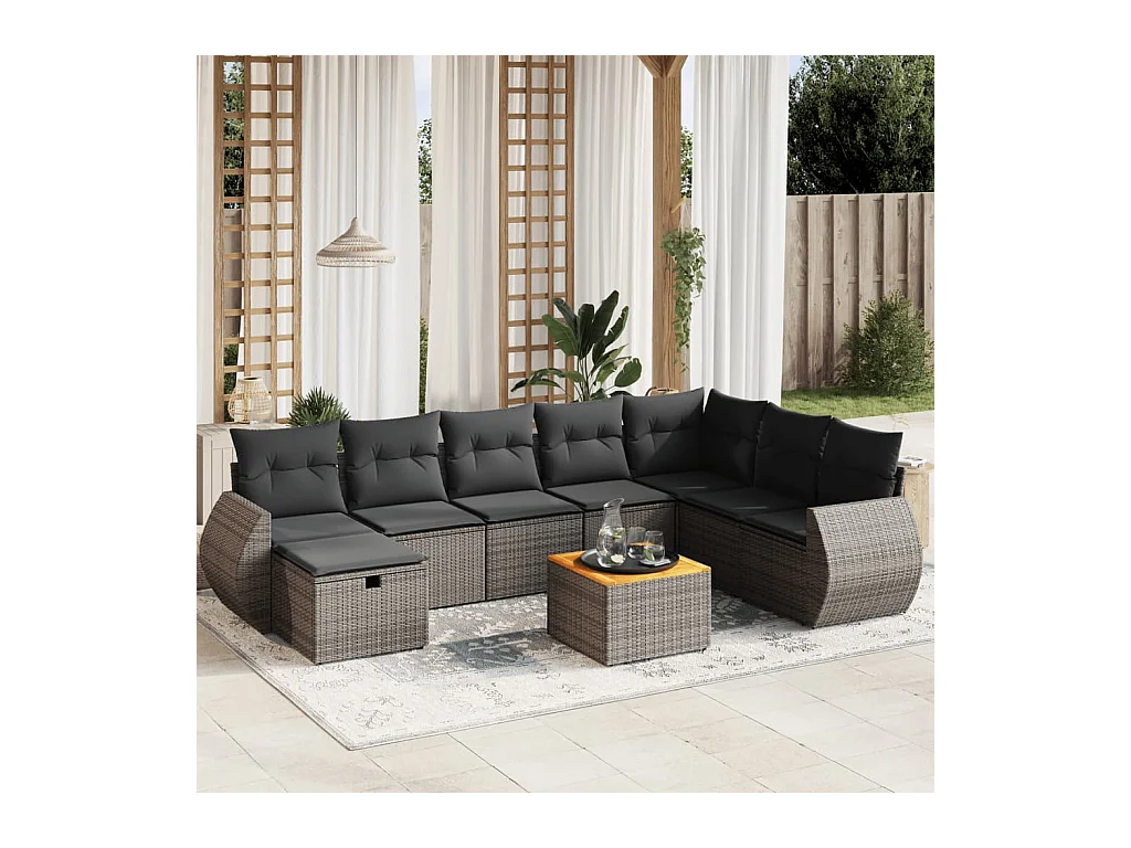 Salon de jardin 9 pcs avec coussins gris résine tressée