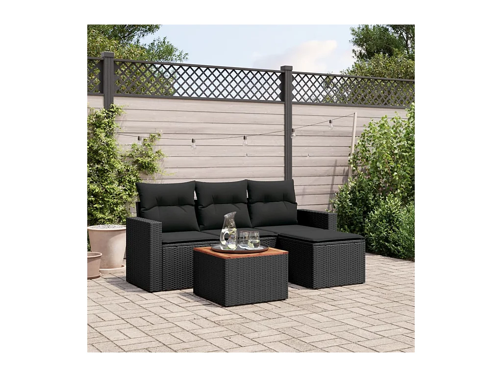 5-delige Loungeset met kussens poly rattan zwart