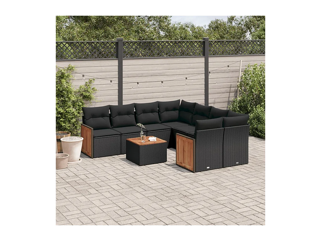 Set Divani da Giardino 9 pz con Cuscini Nero in Polyrattan