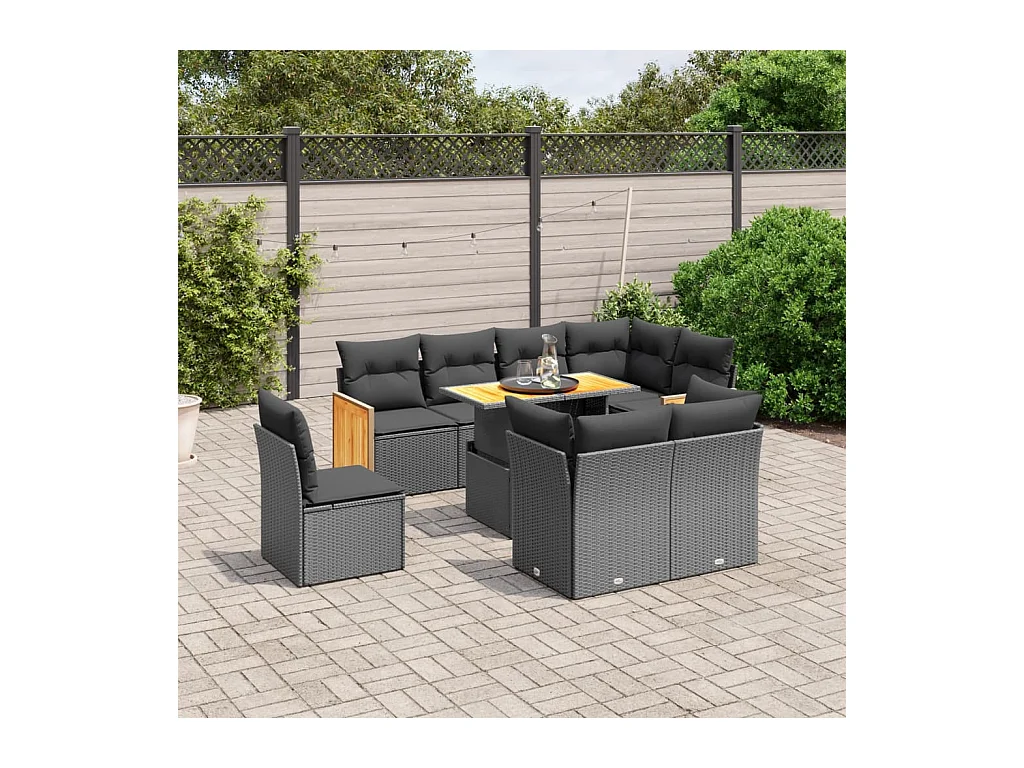 Salon de jardin 9 pcs avec coussins noir résine tressée