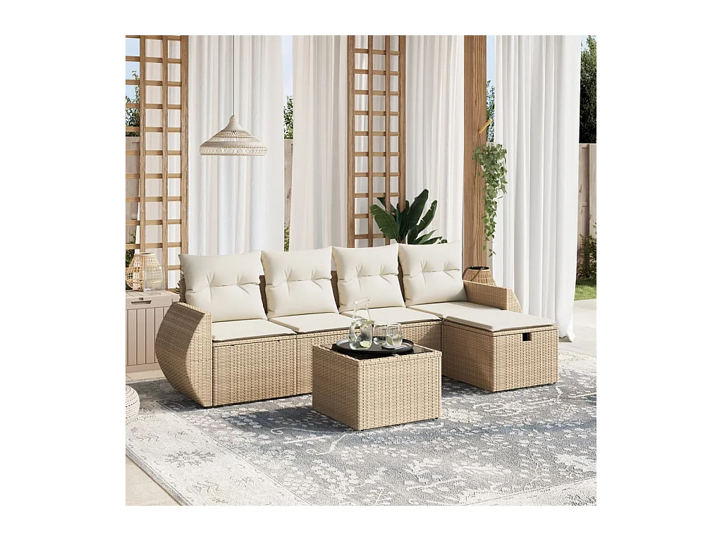 Set Divano da Giardino 6 pz con Cuscini Beige in Polyrattan