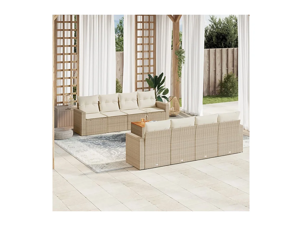 Set Divano da Giardino 9 pz con Cuscini Beige in Polyrattan