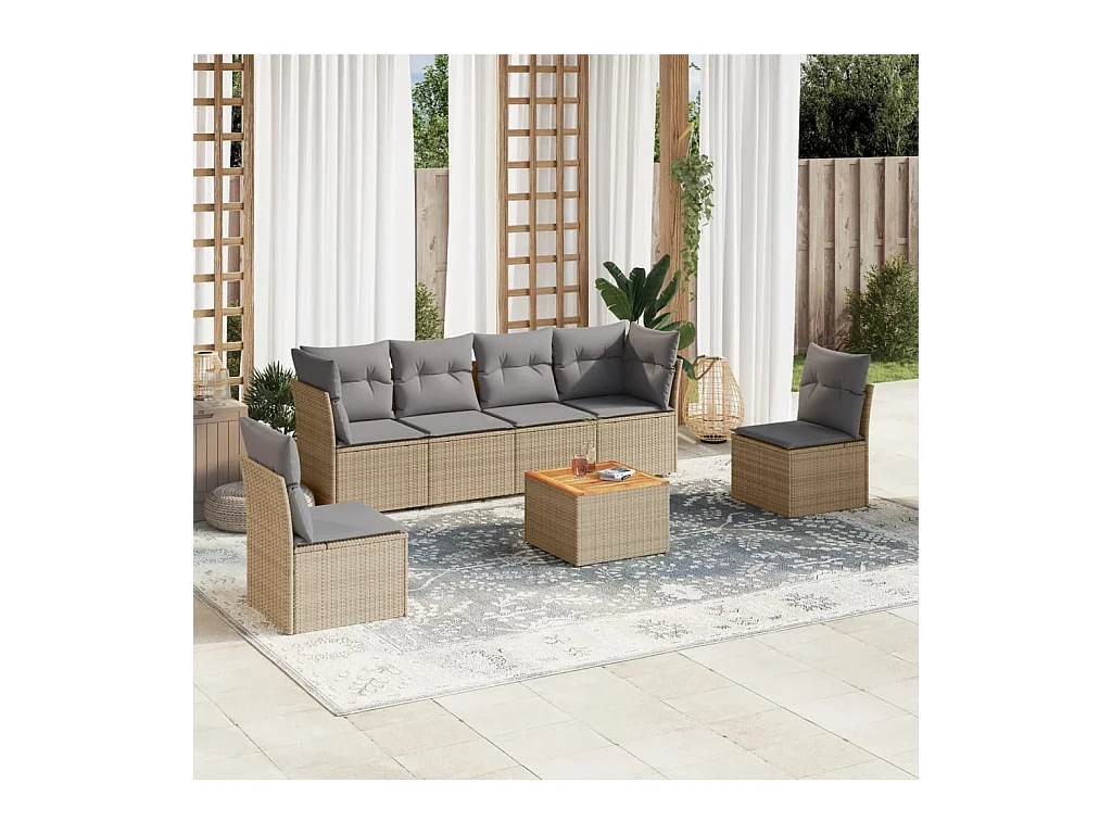 7-tlg. Garten-Sofagarnitur mit Kissen Beige Poly Rattan