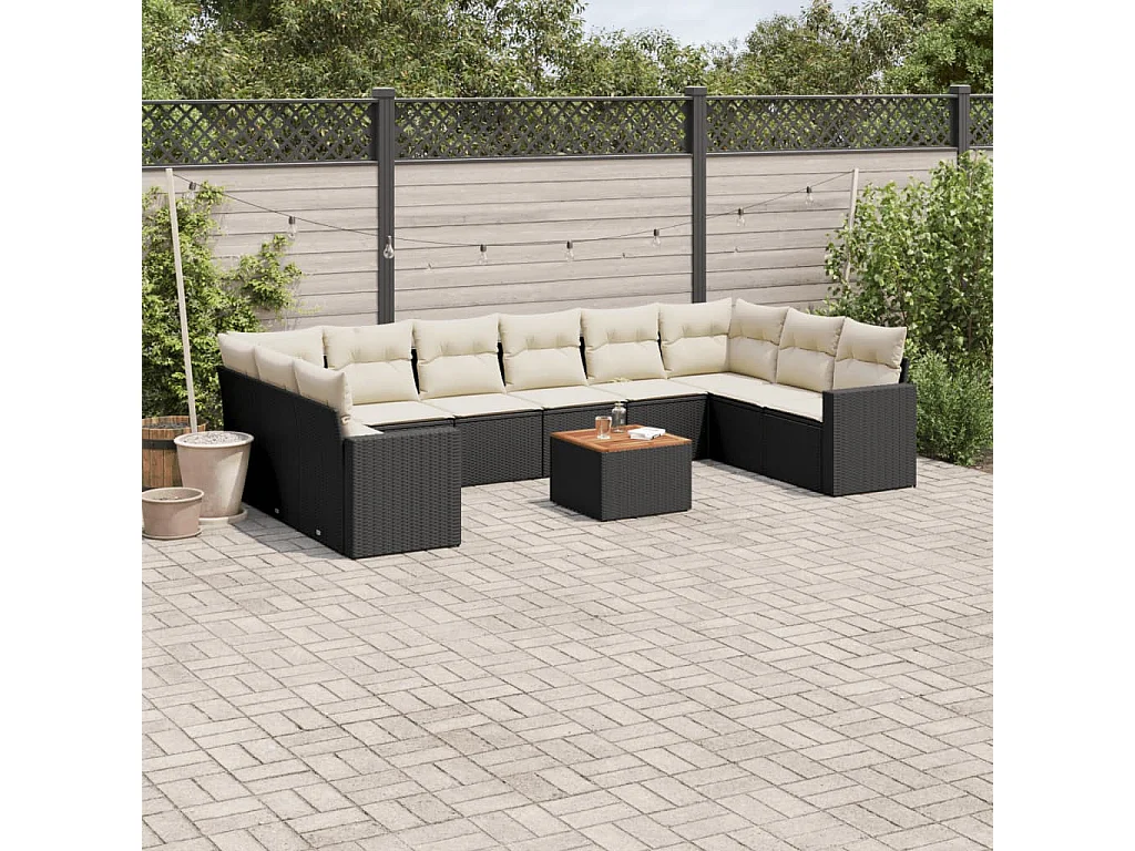 11-tlg. Garten-Sofagarnitur mit Kissen Schwarz Poly Rattan