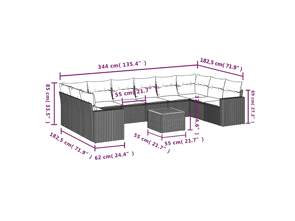 11-tlg. Garten-Sofagarnitur mit Kissen Schwarz Poly Rattan