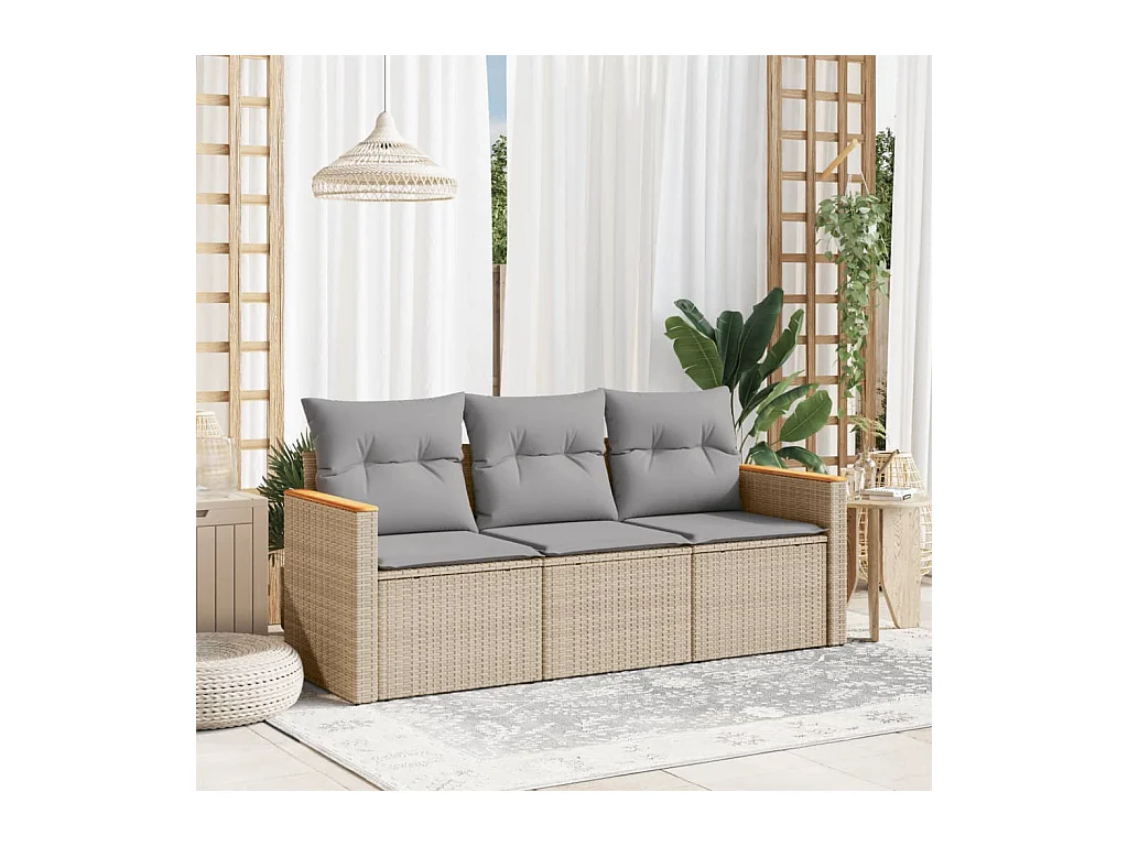 3-tlg. Garten-Sofagarnitur mit Kissen Beigemischung Poly Rattan
