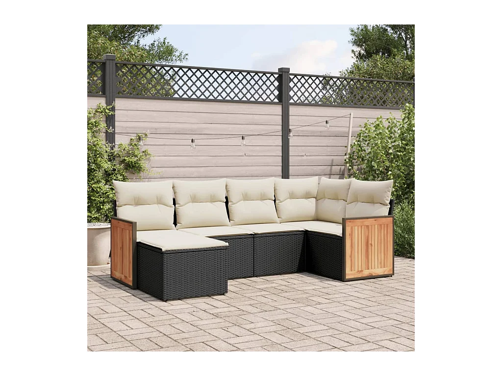 Salon de jardin 6 pcs avec coussins noir résine tressée