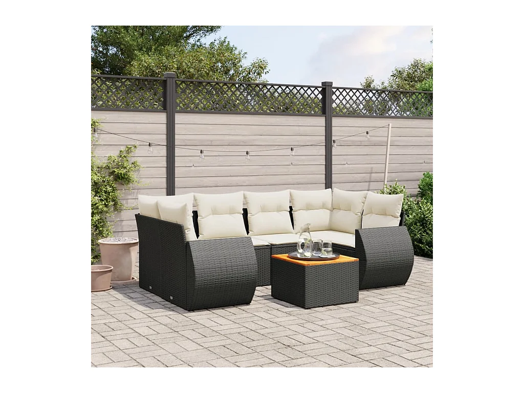 Salon de jardin 7 pcs avec coussins noir résine tressée