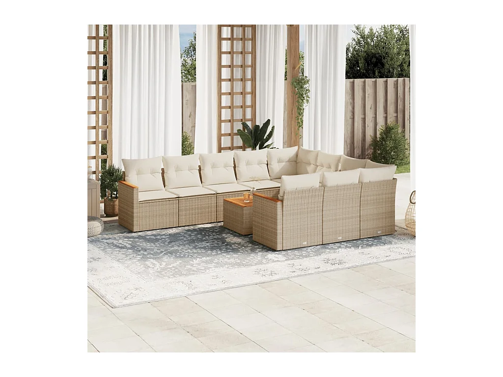 Set Divani da Giardino 11 pz con Cuscini Beige in Polyrattan