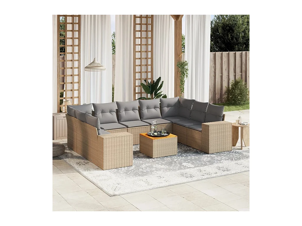 Salon de jardin avec coussins 10 pcs beige résine tressée