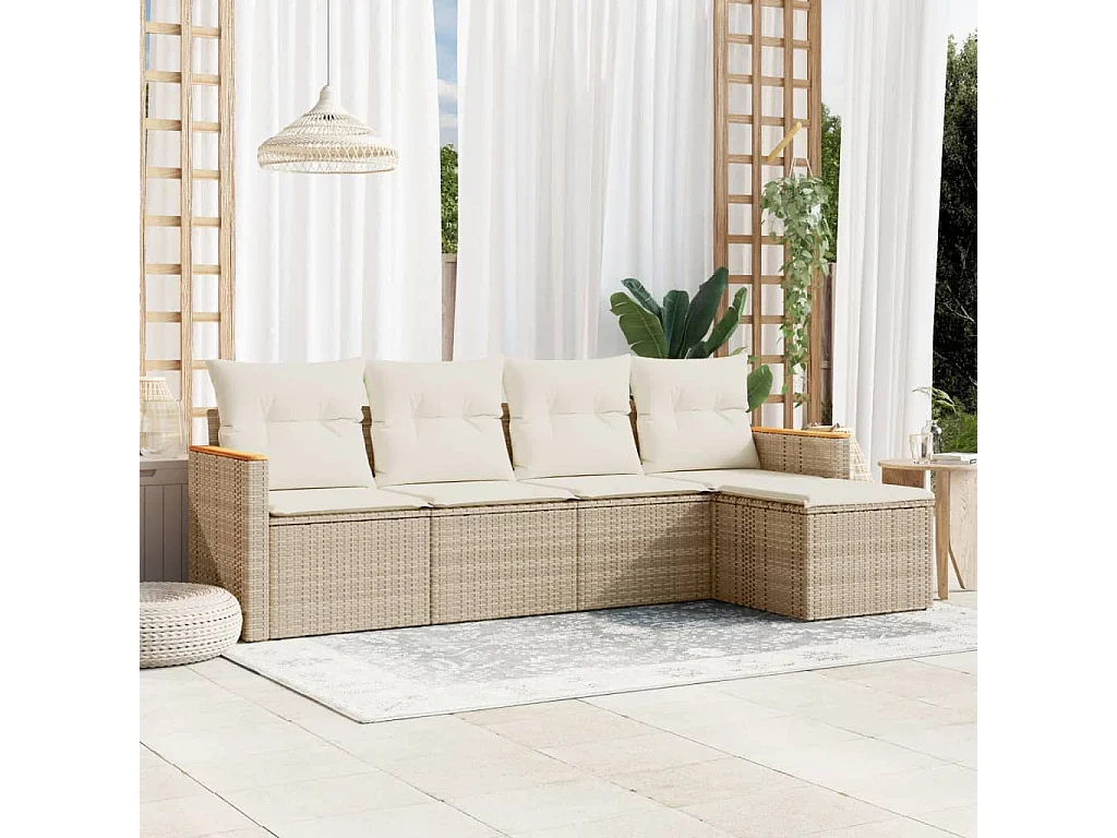 Set Divano da Giardino 5 pz con Cuscini Beige in Polyrattan