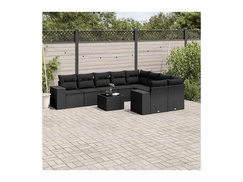10-delige Loungeset met kussens poly rattan zwart