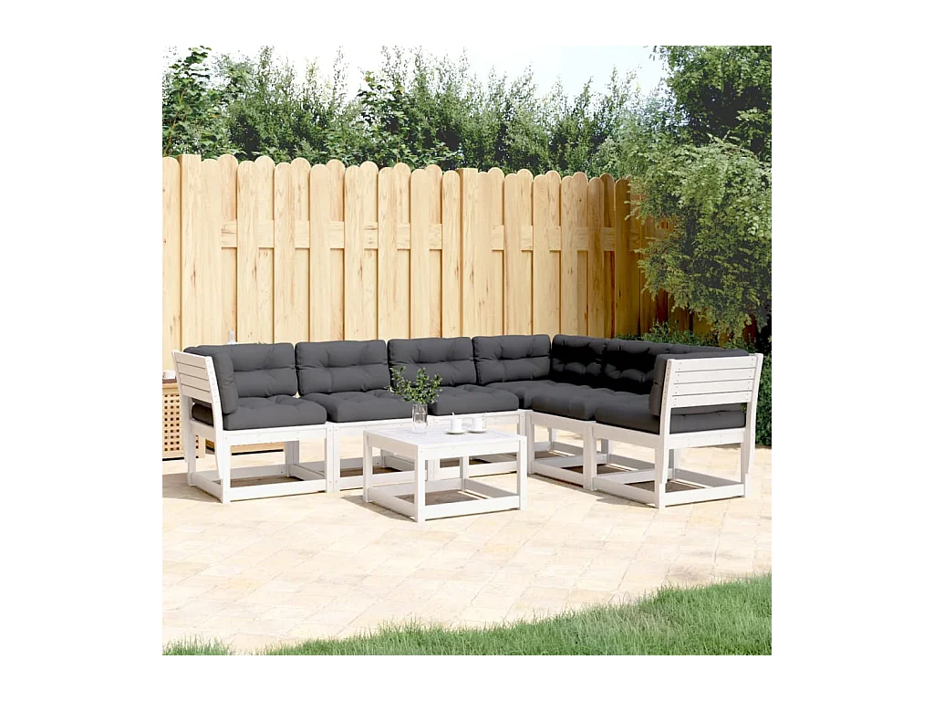 Salon de jardin 6 pcs avec coussins blanc bois massif de pin