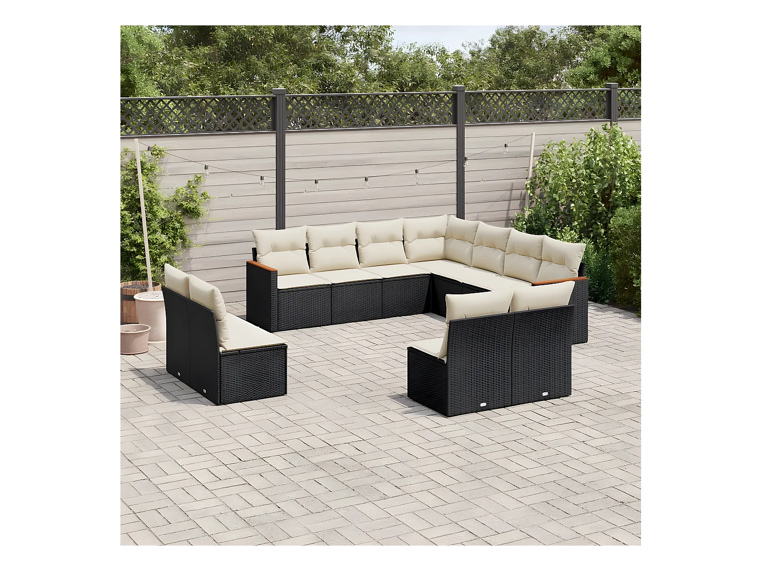 Set de sofás de jardín 11 pzas y cojines ratán sintético negro