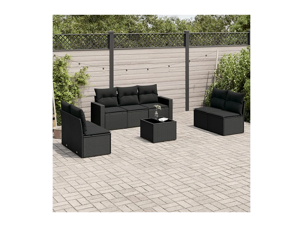 Salon de jardin 8 pcs avec coussins noir résine tressée