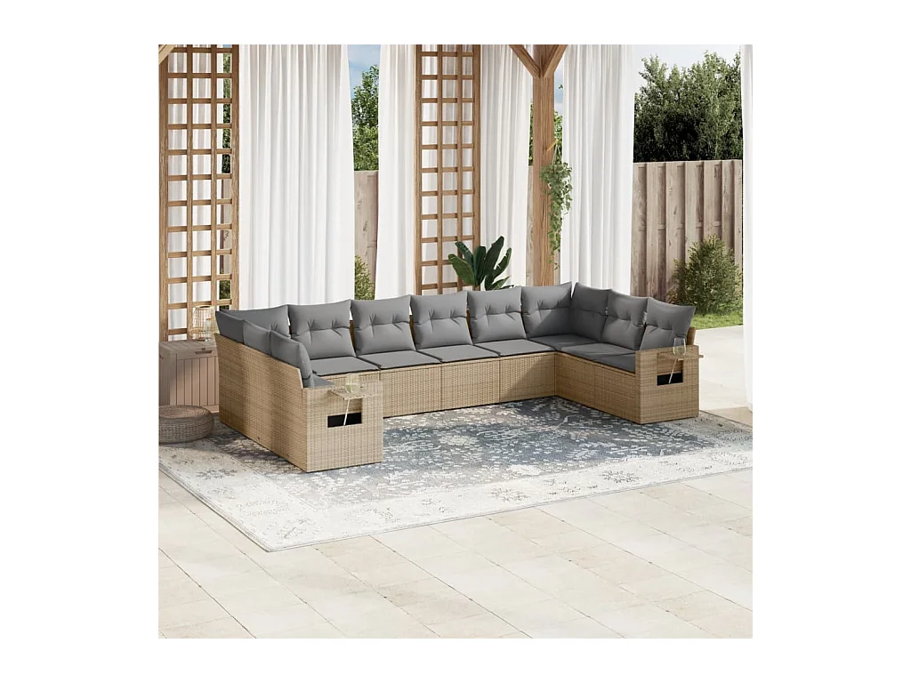 Set Divano da Giardino 10 pz con Cuscini Beige in Polyrattan