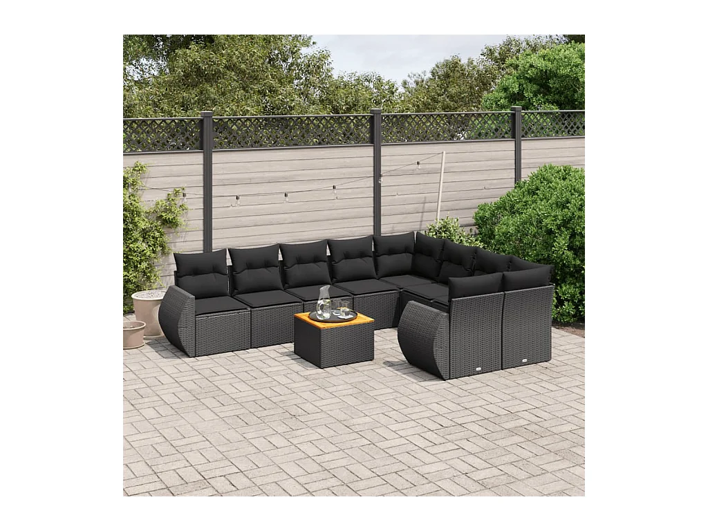 10-delige Loungeset met kussens poly rattan zwart