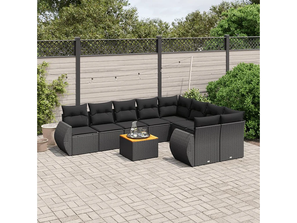 10-delige Loungeset met kussens poly rattan zwart
