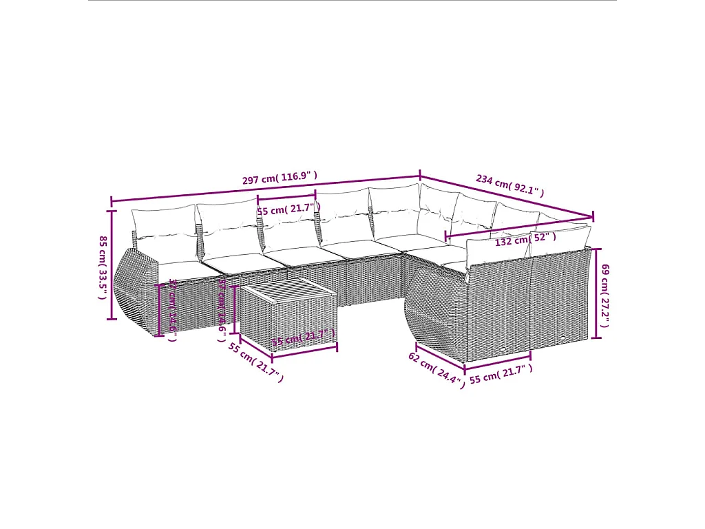 10-delige Loungeset met kussens poly rattan zwart