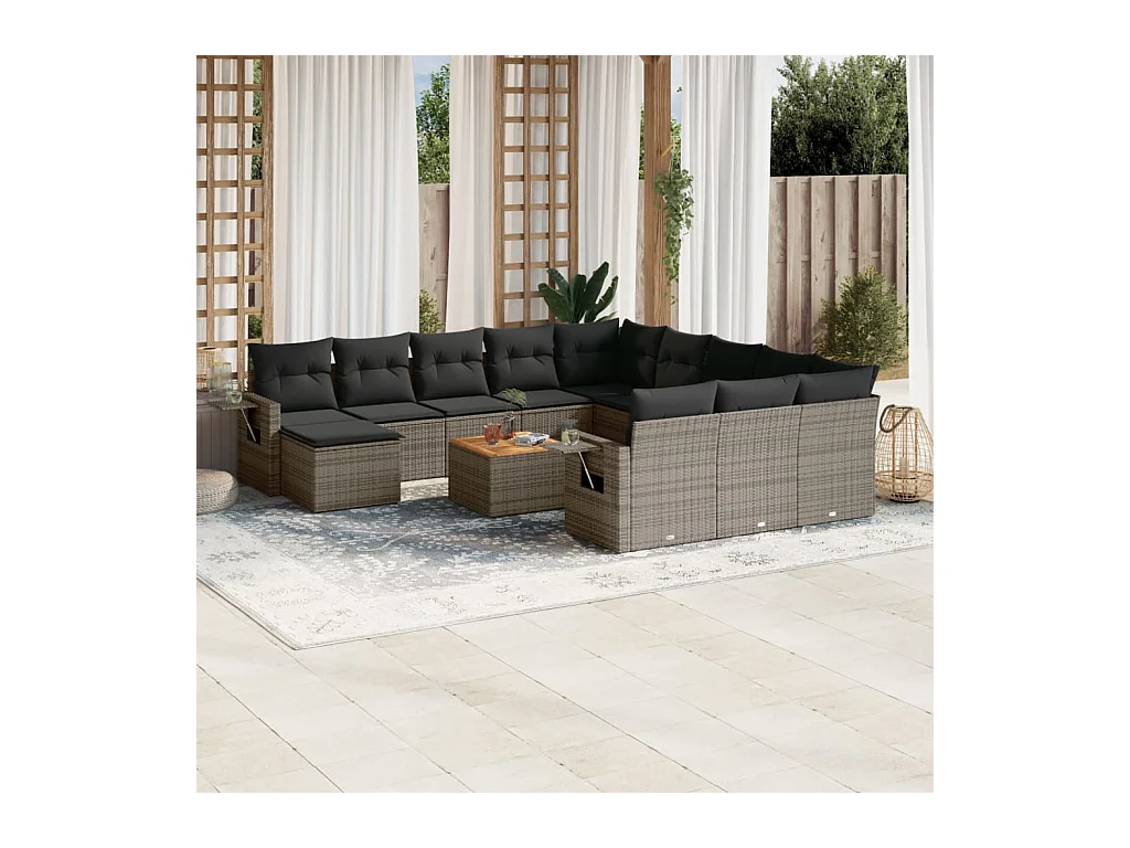 Salon de jardin avec coussins 13 pcs gris résine tressée