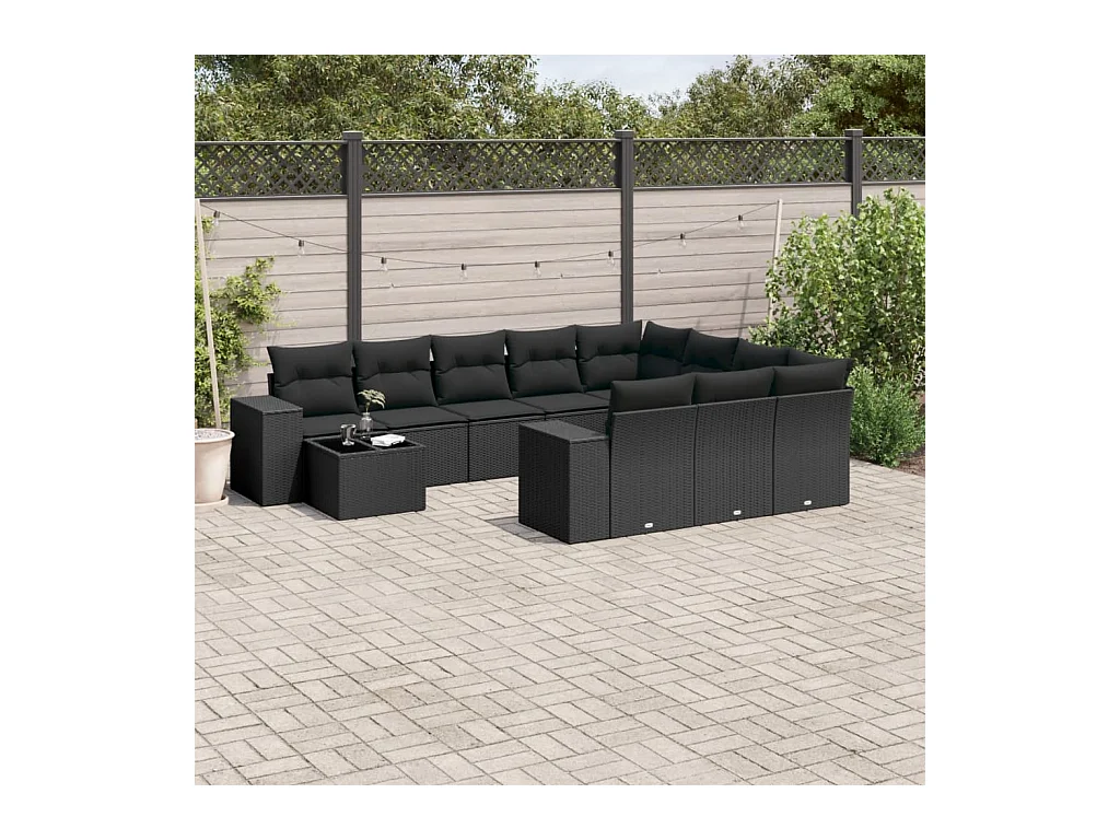 Set Divani da Giardino 11 pz con Cuscini in Polyrattan Nero