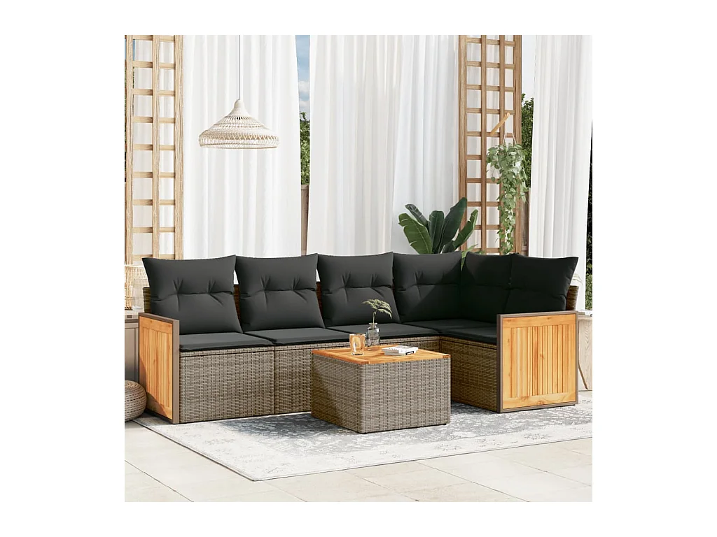 Salon de jardin 6 pcs avec coussins gris résine tressée