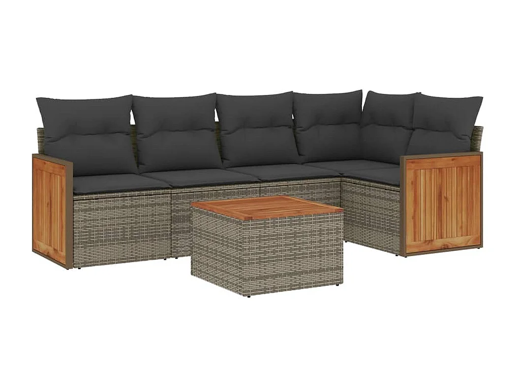 6-delige Loungeset met kussens poly rattan grijs