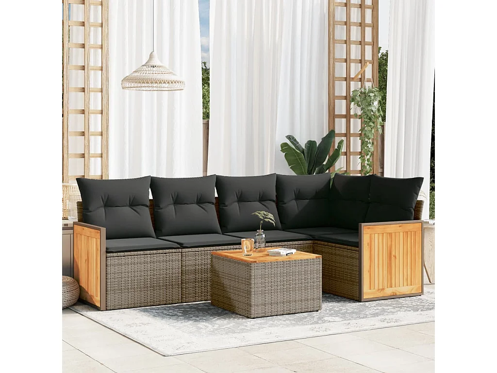 6-delige Loungeset met kussens poly rattan grijs