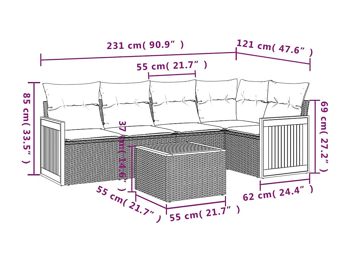 6-delige Loungeset met kussens poly rattan grijs