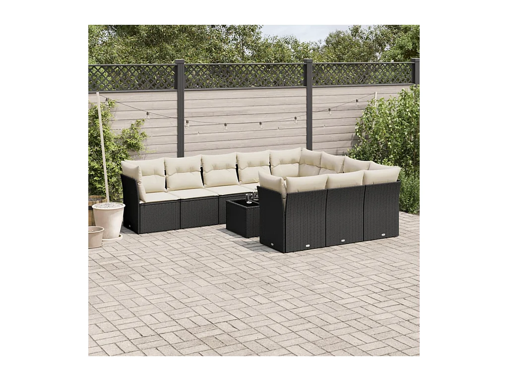 Salon de jardin 11 pcs avec coussins noir résine tressée