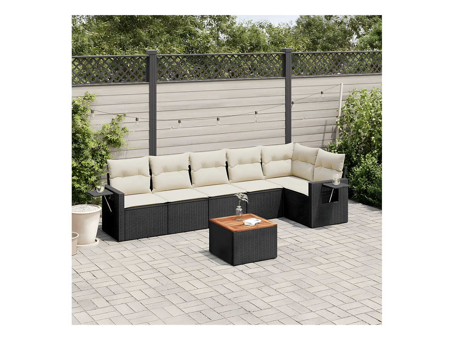 Salon de jardin 7 pcs avec coussins noir résine tressée