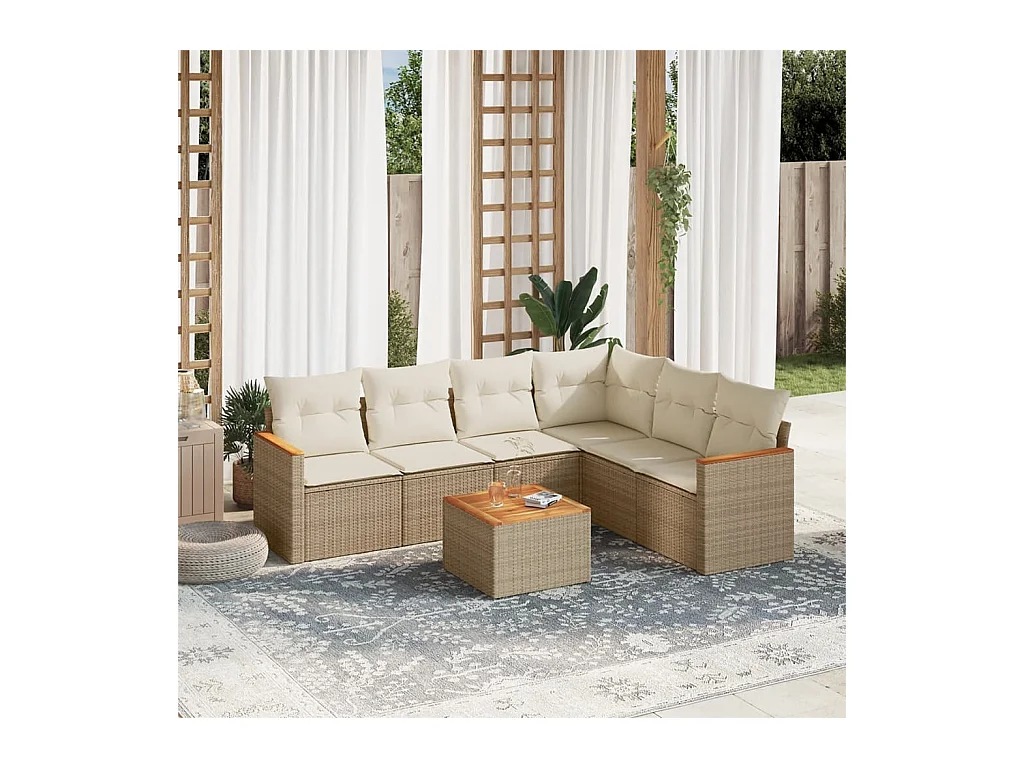 Salon de jardin avec coussins 7 pcs beige résine tressée