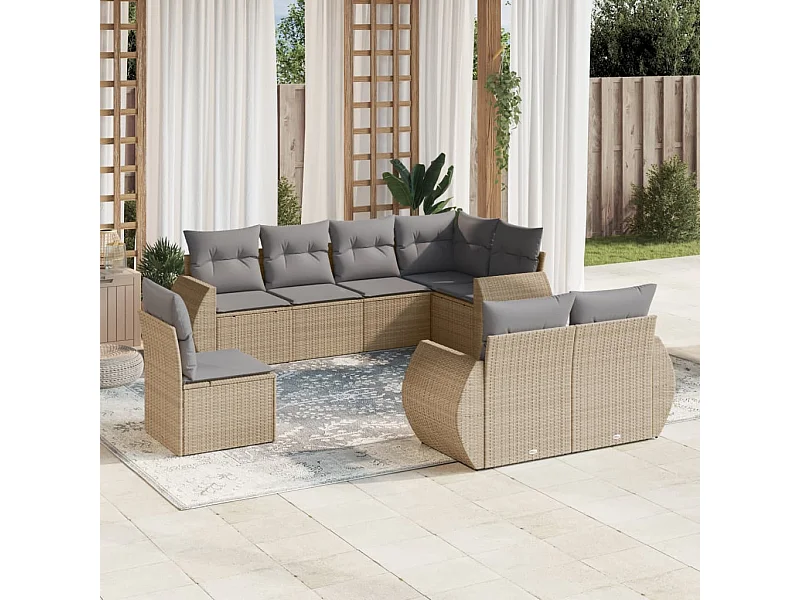 Set Divano da Giardino 8 pz con Cuscini Beige in Polyrattan
