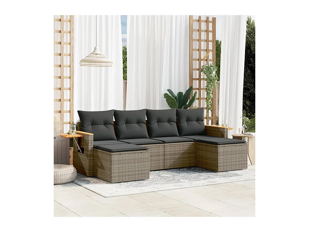 Salon de jardin 6 pcs avec coussins gris résine tressée