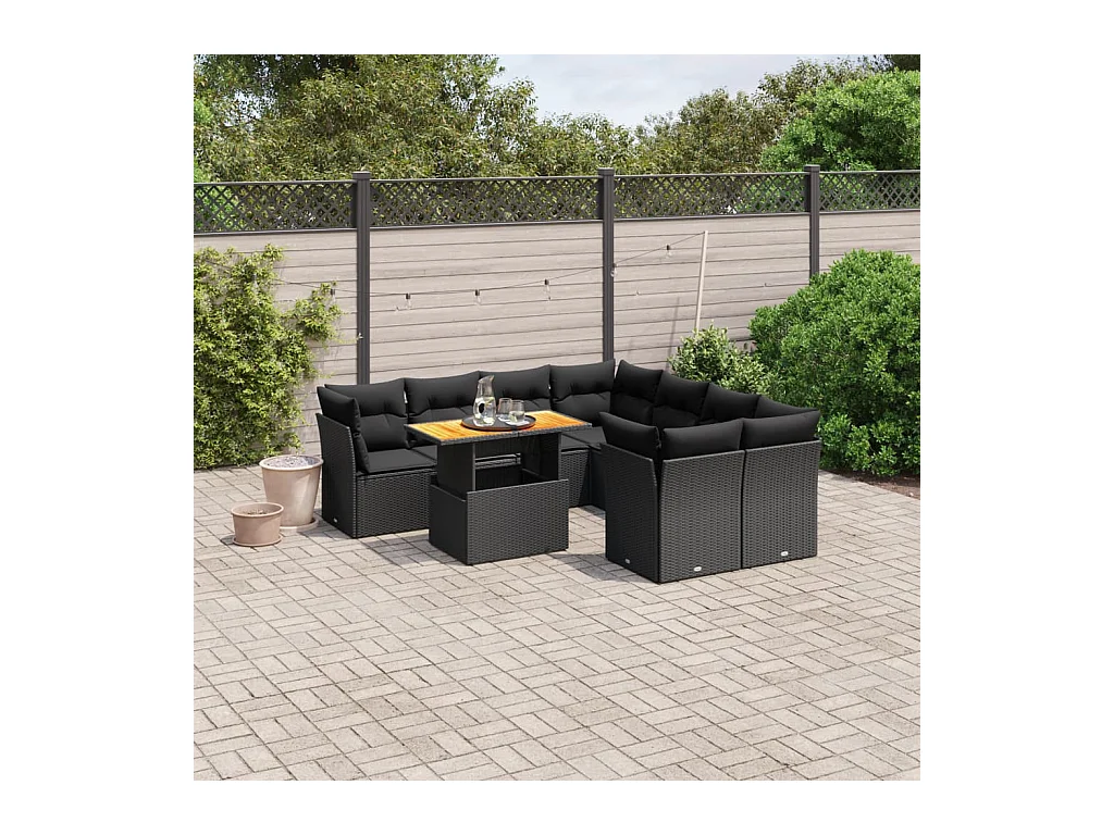 Salon de jardin 9 pcs avec coussins noir résine tressée