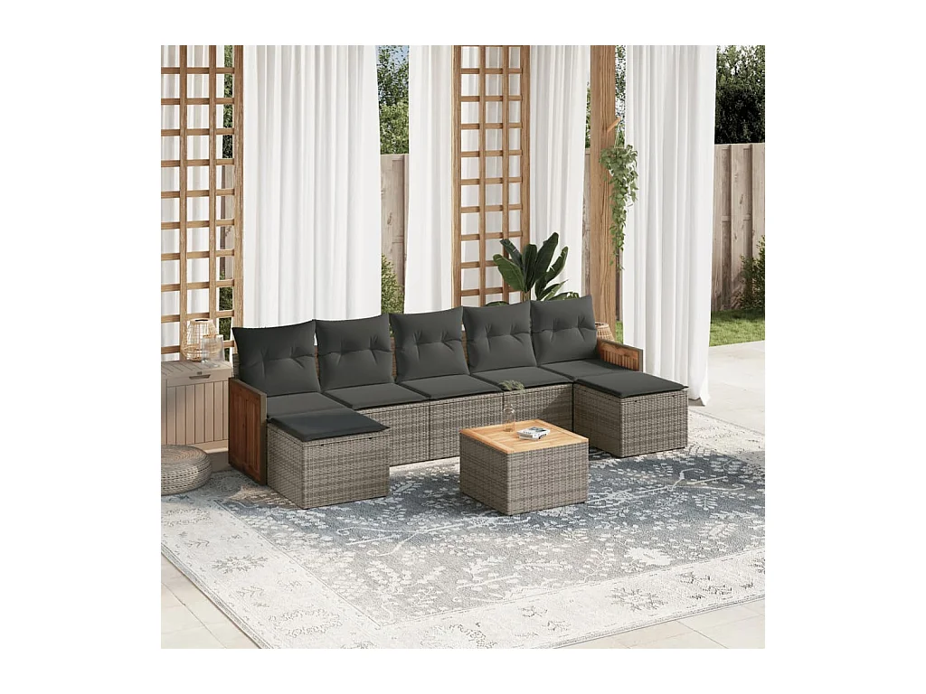 Set de sofás de jardín 8 pzas y cojines ratán sintético gris