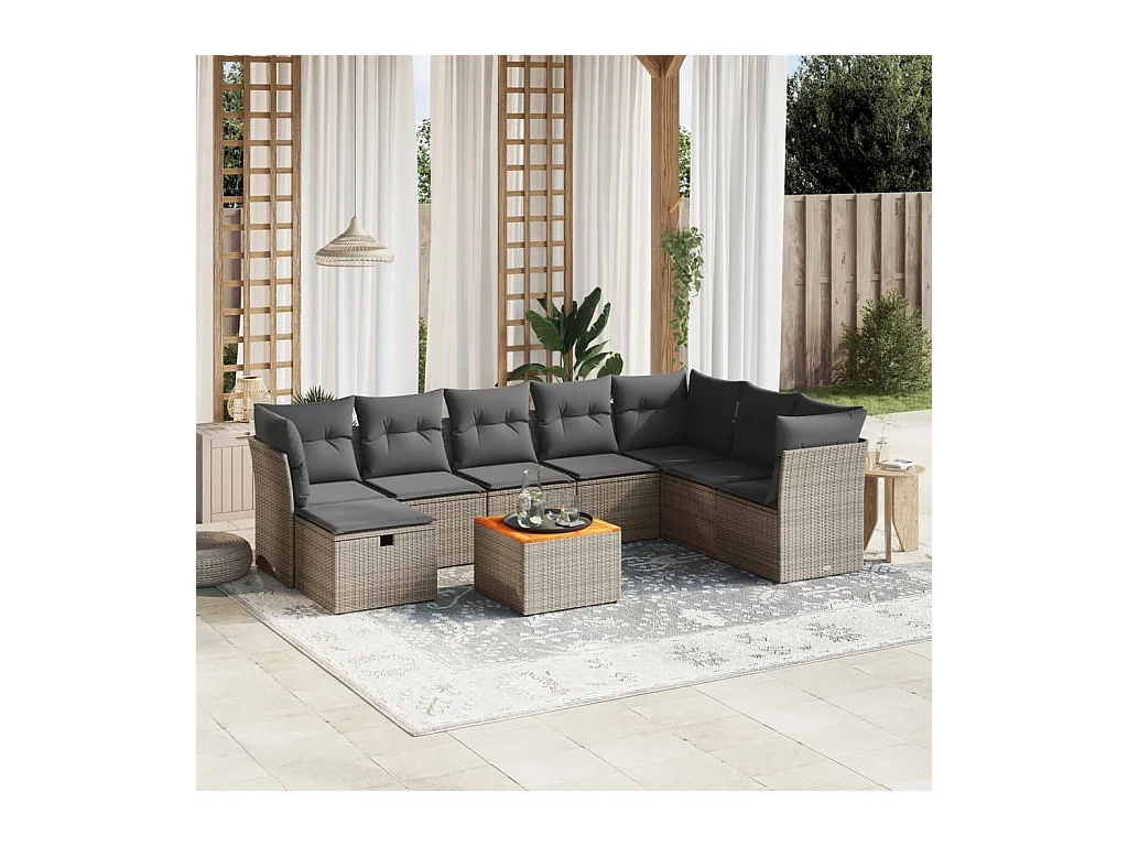 9-delige Loungeset met kussens poly rattan grijs