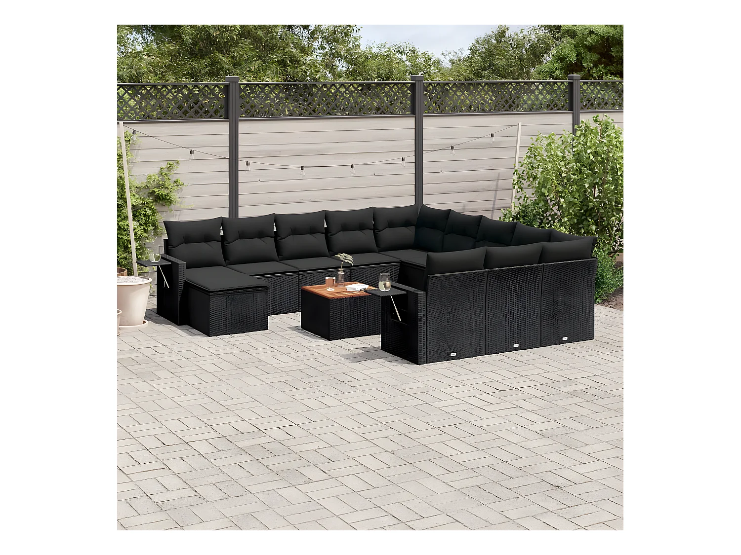 13-delige Loungeset met kussens poly rattan zwart