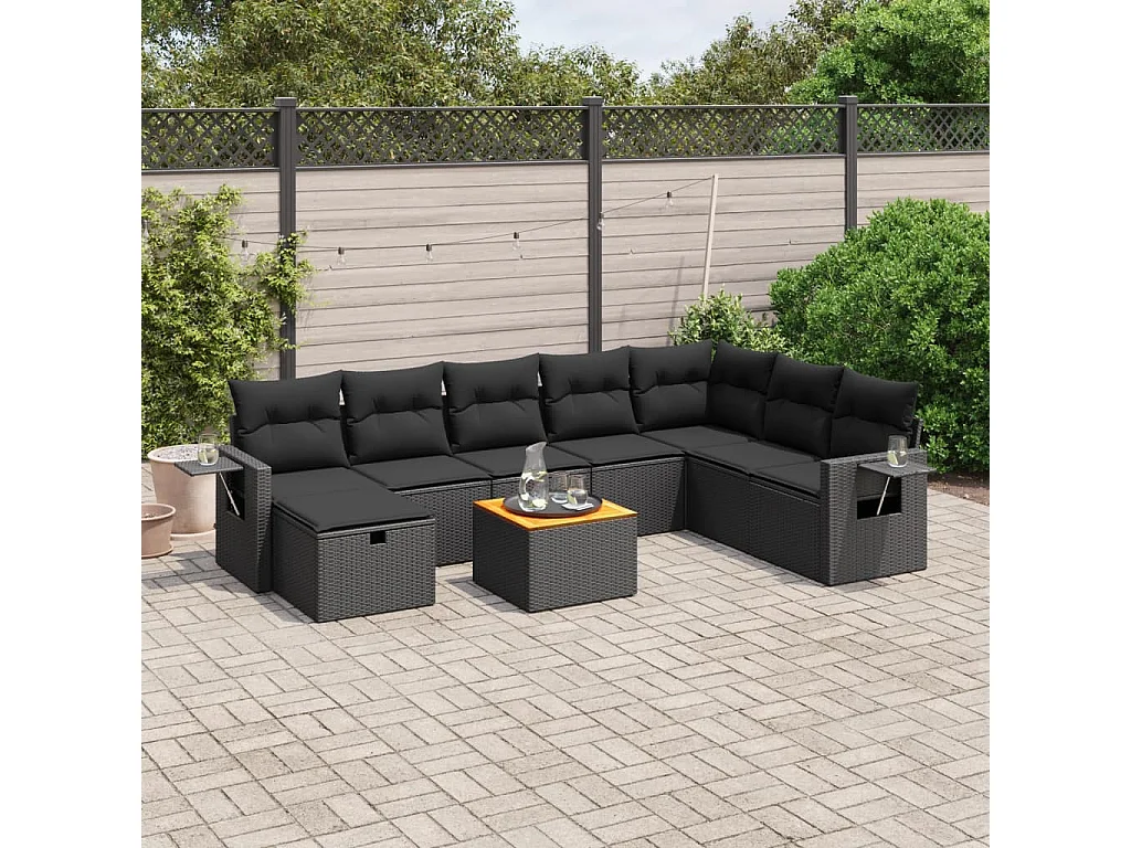 9-tlg. Garten-Sofagarnitur mit Kissen Schwarz Poly Rattan